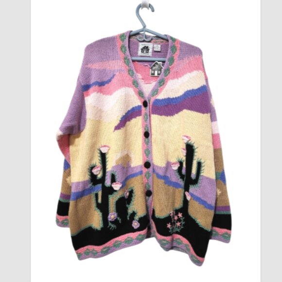 VTG Storybook Knits HANDKNIT Sweater Cardigan Southwestern Cactus - Picture 4 of 14